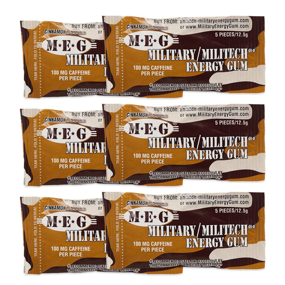 MEG - Military Energy Gum 100mg kofeiinia Per pala + lisätä energiaa + parantaa fyysistä suorituskykyä + kaneli 6 Pack (30 count)