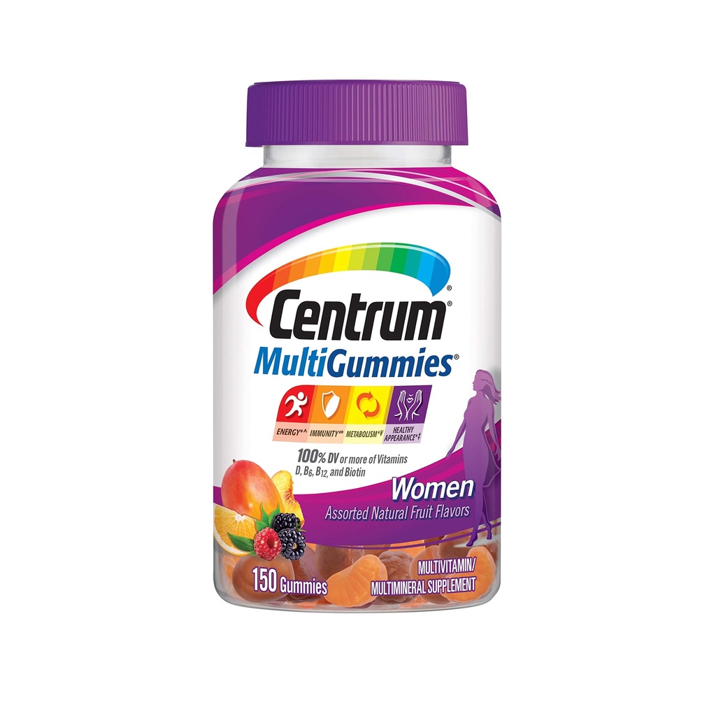 Centrum MultiGummies Gummy Multivitamiini naisille, Multivitamiini / Multimineral täydentää D3-vitamiini, B-vitamiinit ja antioksidantit, Assored Fruit Flavor - 150