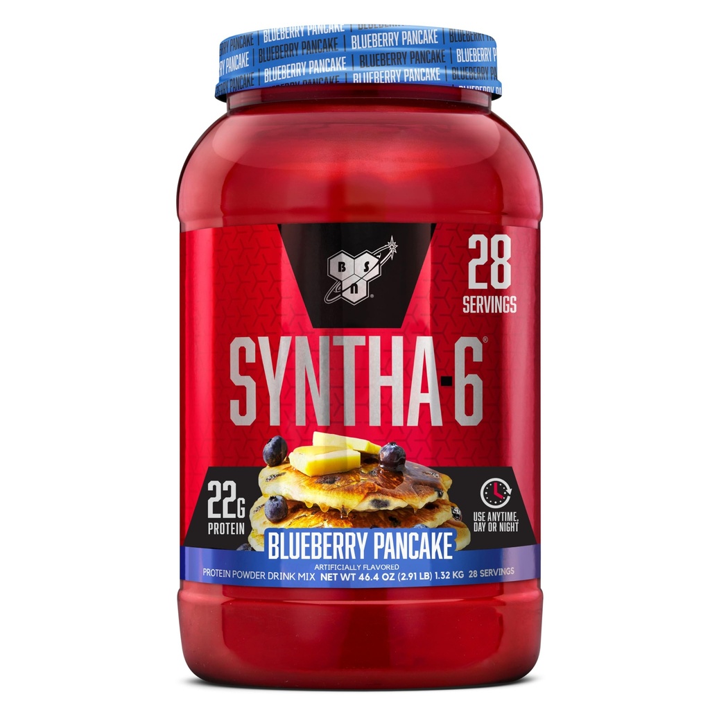 BSN SYNTHA-6 Premium Protein Powder 6g kuitua, Whey Protein, Micellar Casein, Milk Protein Isolate Blend, 5g rasvaa, mustikkapannukakku, 28 tarjoilua (Pakkaus toukokuussa Vary)