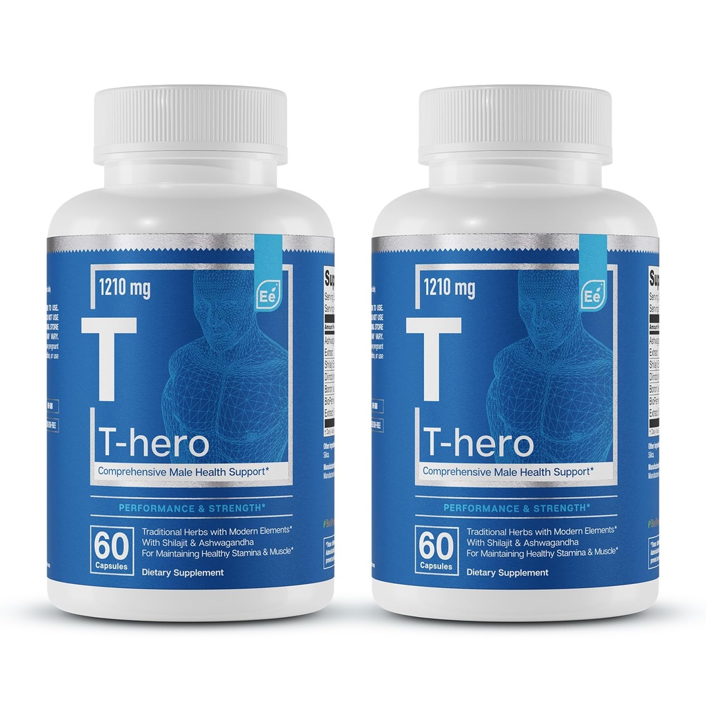 Essential Elements T-Hero - Päivittäinen testosteroni tuki miehille - Edistää Vitality & Drive - Ashwagandha, Shilajit, Boron, DIM - 60 Count - 30 Servings (2-Pack)