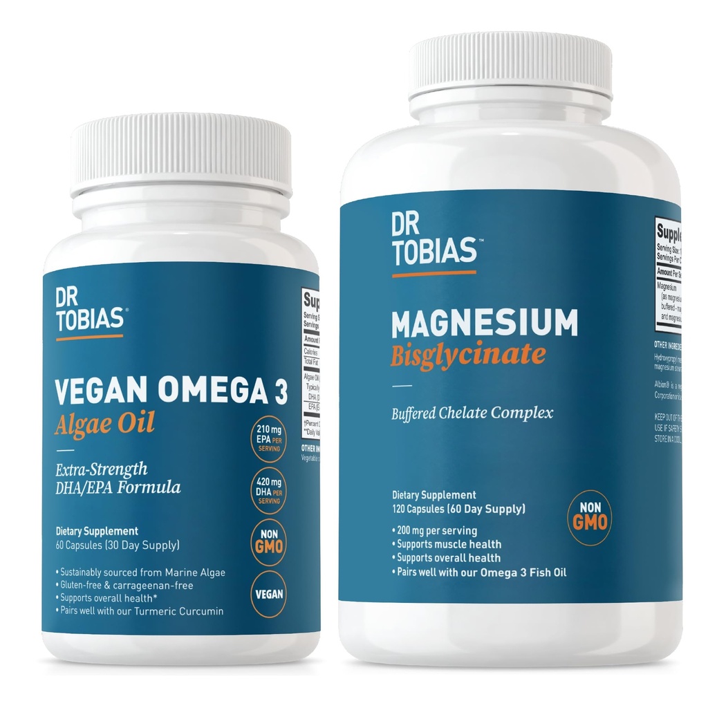 Dr Tobias Vegan Omega 3 Algae Oil och Magnesium Bisglycinate, Essential Wellness Support för hjärta, hjärna, muskel och benhälsa, icke-GMO, Vegan