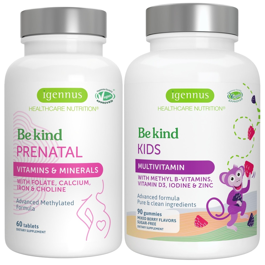Suuri imeytyminen Metaboloitu prenataali + Advanced Kids Multivitamiini Gummy Vegan Bundle, puhdas etiketti A-, B-, C-, D3 & E-, 60 tablettia + 90 Berry Flavor Gummies, Be Kind by Igennus