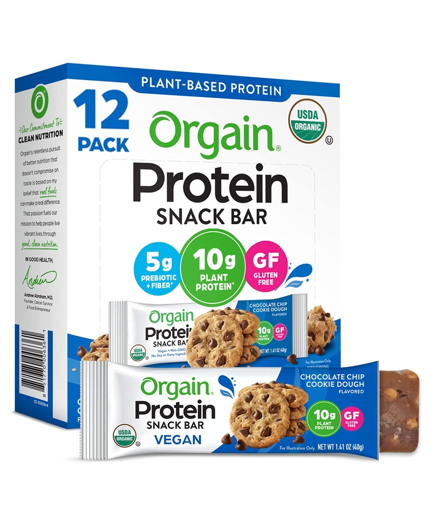 Orgain Organic Vegan Protein Bars, Chocolate Chip Cookie Dough - 10g Plant Based Protein, Low Calorie Healthy Snacks, No Lactose or Soy Ingredients, Gluten Free, Non-GMO - 1.41 Oz (Pack av 12)