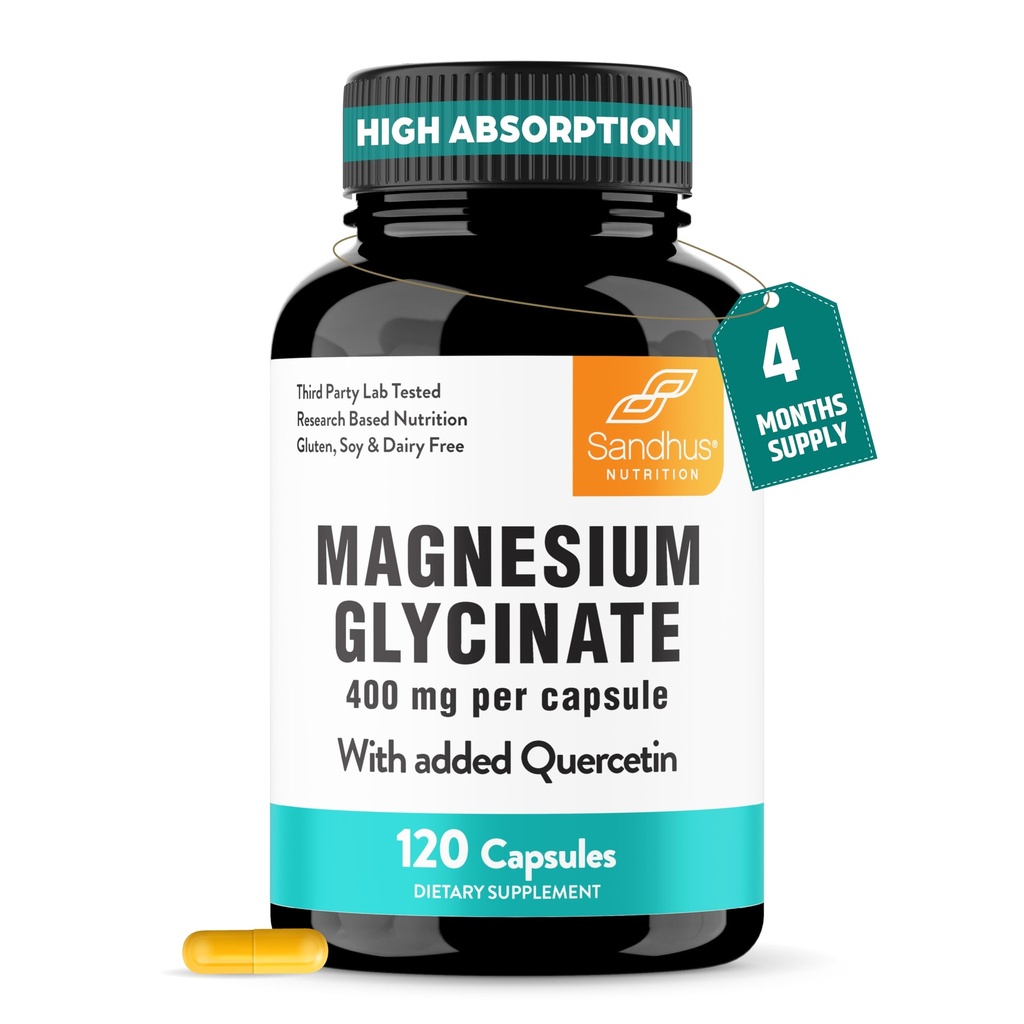 Sandhu Magnesium Glycinate 400mg kapslar med Quercetin | Kvalitetssömn, avkoppling, muskelhälsa och immunstöd | 120 greve (Pack of 1) | Lätt att svälja | för kvinnor och män