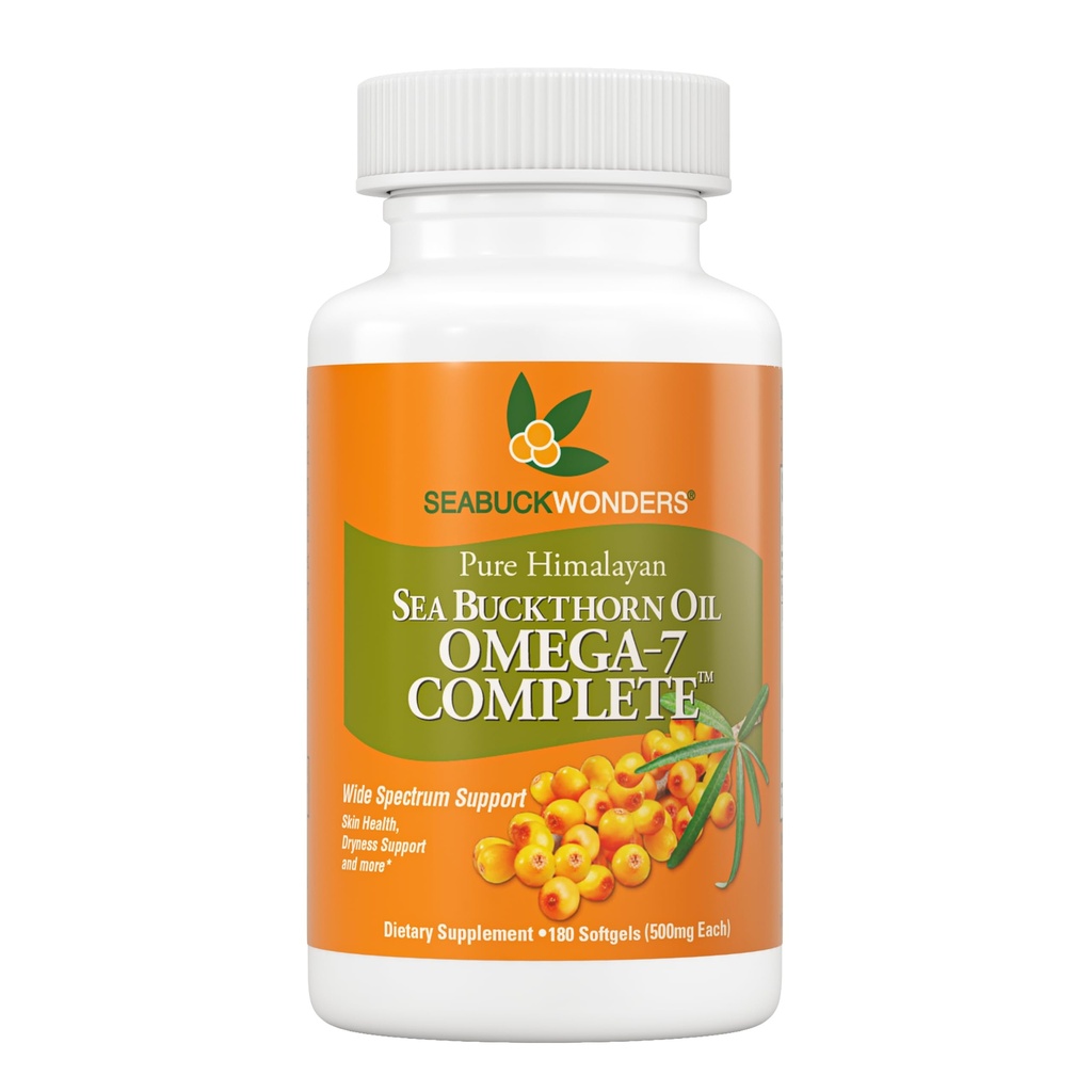 SeabuckWonders Organic Sea Buckthorn Oil, Omega-7 Complete Softgels, 180 Count, Omega 3, 6 & 9, Tukee hiukset, ihon ja kynsien terveys, 1000 mg per tarjoilu