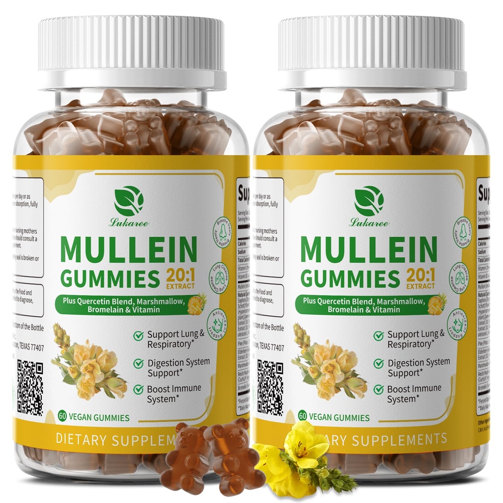(2 pakkaus) 9 in 1 Mullein Gummies for Lung Cleanse & Detox, Extra Strength Müllein Leaf Extract w/Quercetin, bromeliini, Elderberry & Marshmallow for respiratory, Immuuni & Dgestive, Vegan,120 Count