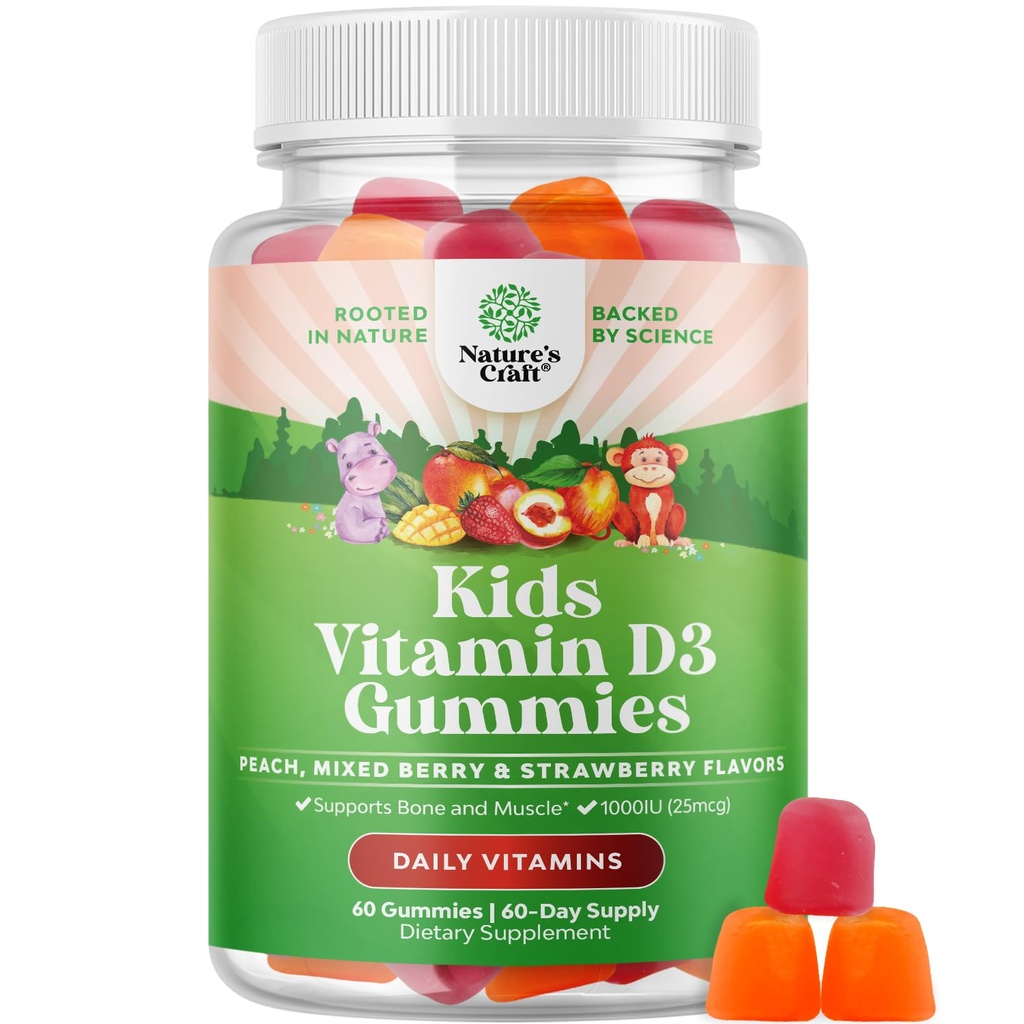 Chewable Vitamin D Gummies for Kids - Delicious Kids Vitamin D 1000 IE Per Serving Gummy Vitamins for and Toddlers Immune Support Plus Muscle Teeth and Bone Health - Gelatin Free Fruit Flavors