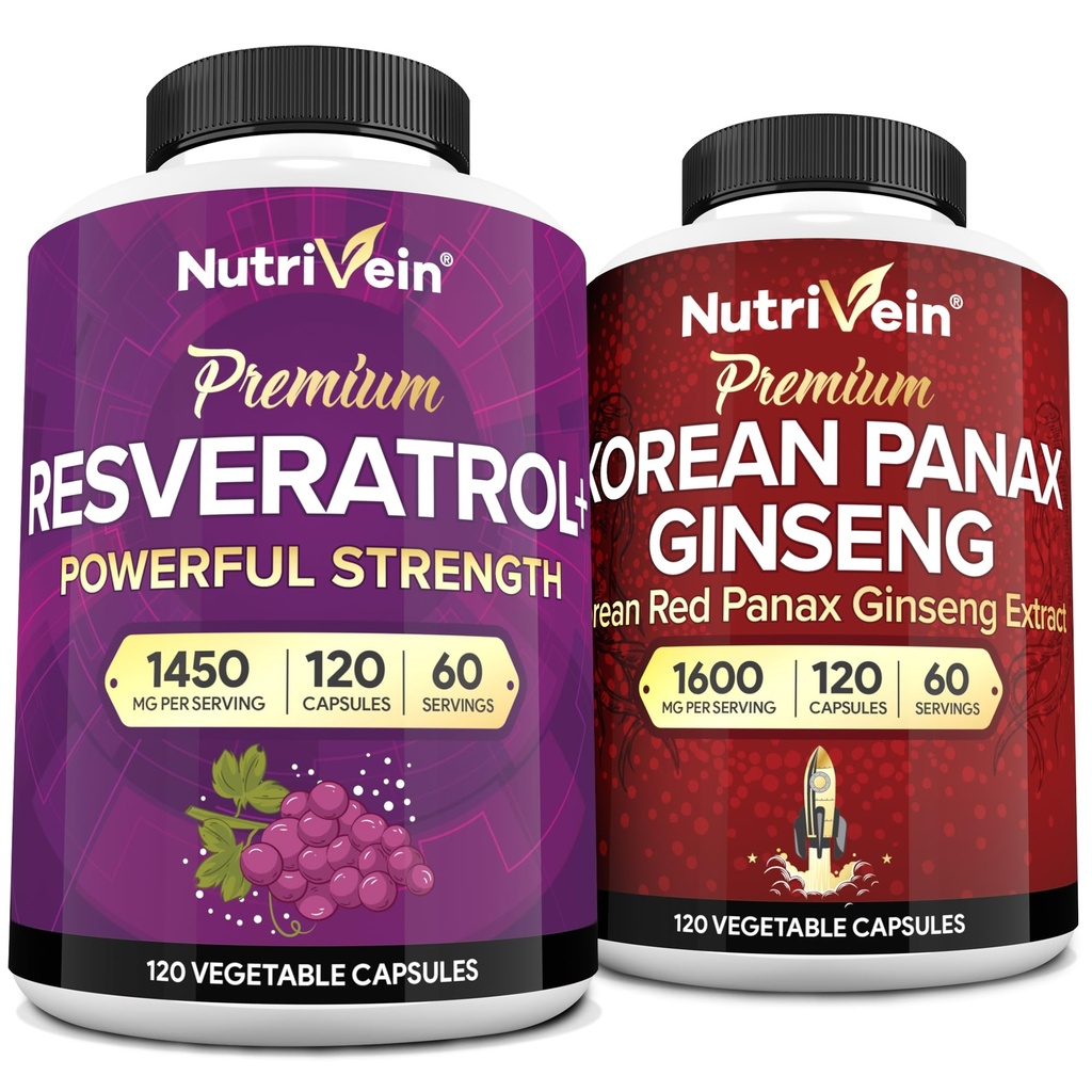 Nutrivein Premium Korean Panax Ginseng Supplement & Resveratrol täydennysosa Bundle: High-Absorption Resveratrol kapselit & Ginseng aivoille, Defenses, korjaus, & Vitality