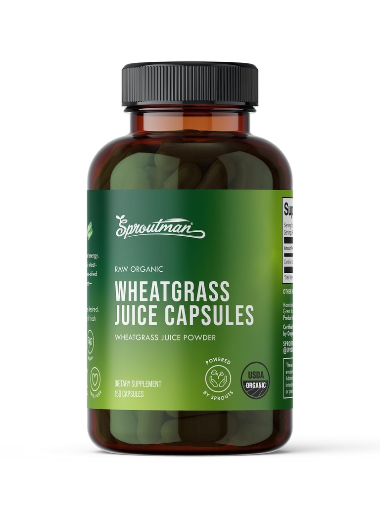 Organisk Wheatgrass Juice Powder Capsules av Sproutman - 100% Pure Wheatgrass - Aids Digestion - Hög i vitaminer, Antioxidanter, klorofyll, Enzymer, Minerals & Energy (150 piller)