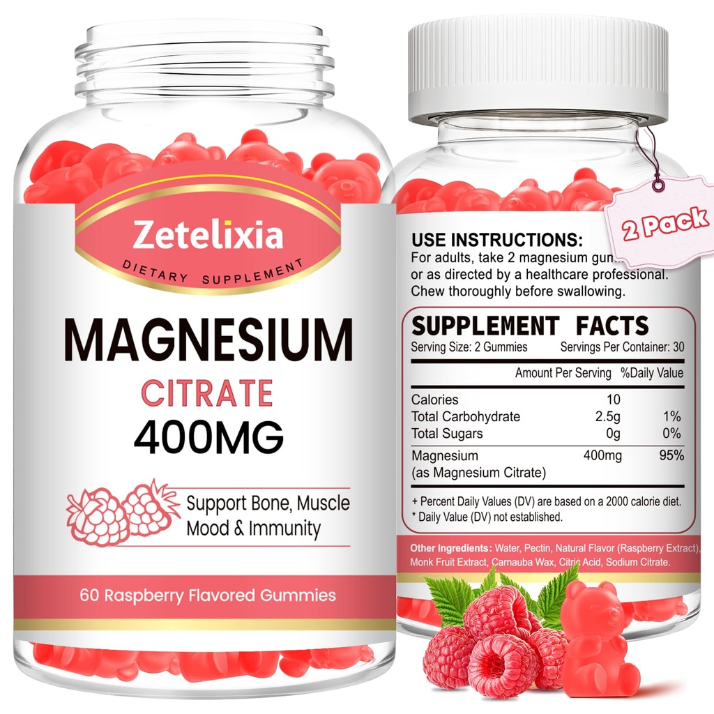 2 Pack Magnesium Citrate Gummies 400MG, High Absorption Magnesium Gummies för vuxna, Muscle & Teeth Support, Vegan 120 Cts