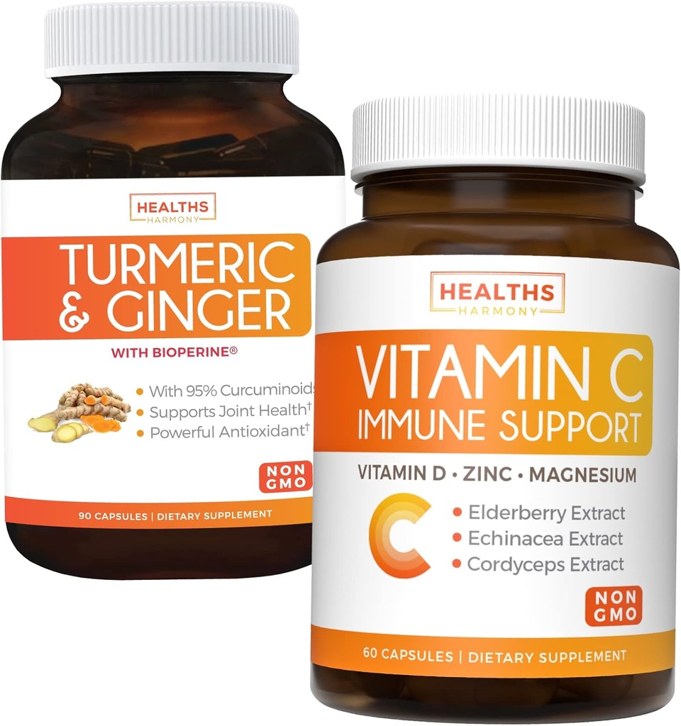 Bundle of Vitamin C Immune Support & Turmeric Curcumin - Dagligt stöd: Immune + Joint Health - Immune Support - Vitamin C med Zink (Non-GMO) & Turmeric Curcumin - Black Pepper Extract (Non-GMO)