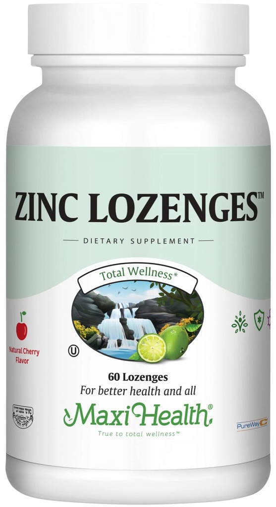 Maxi-Health Sinkki Lozenges - Sinkki Citraatti 10 mg - C-vitamiini - Cherry Flavor - 60 purutablettia - Kosher