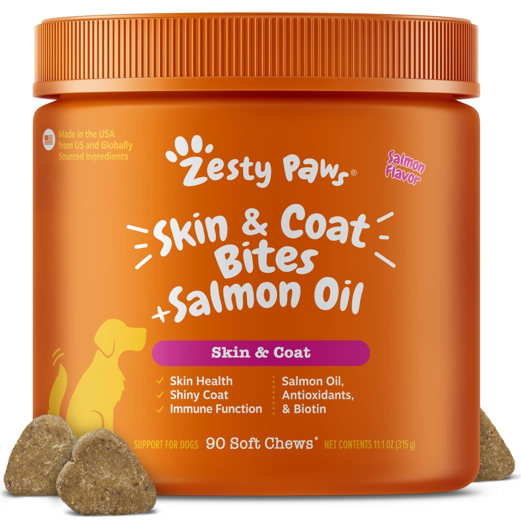 Zesty Paws laxolja för hundar hud och rock, Omega 3 Fish Oil Chews, Dog Allergy Relief Chews, Itch Relief Supplement, 90 greve, lax smak