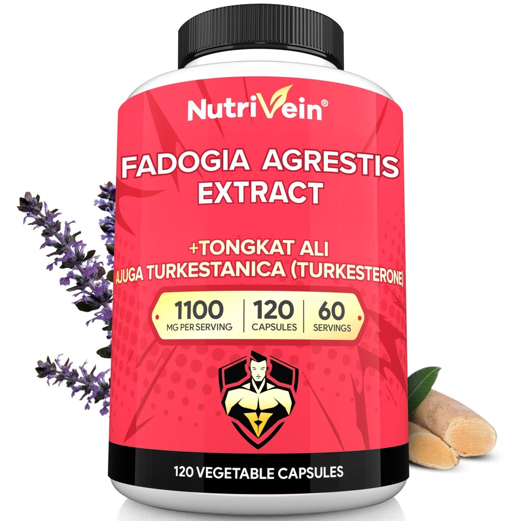 Nutrivein Premium Fadogia Agrestis ja Tongkat Ali Supplement Turkesterone - 1100 mg - 120 Caps - Synergistinen Blend for Performance, Strength, & Recovery for Men & Women of All Iges