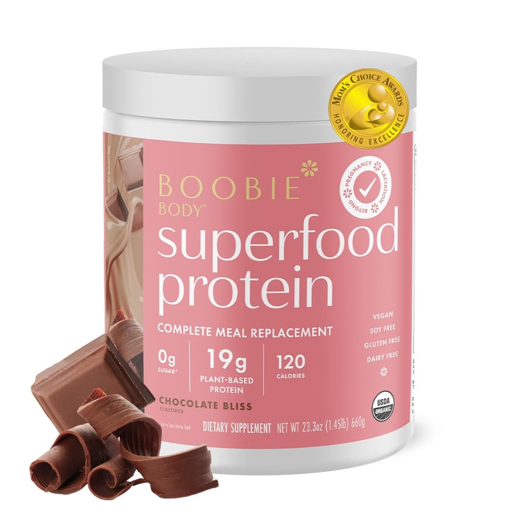 Boobie Body Superfood Protein Graviditet och Postpartum Meal Replacement Shake, Chocolate Bliss Flavor | 19g Protein | Säker för Laktation & Moderskap | Organic, Vegan, Zero Sugar, 1 Tub (20 portioner)