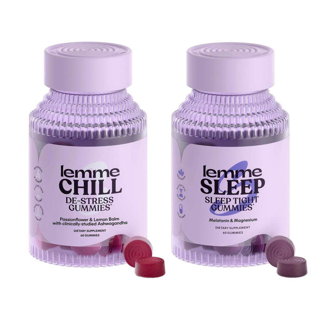 Lemme Chill & Sleep Bundle - Stress Relief Gummies with KSM-66 Ashwagandha & Deep Sleep Gummies with Melatonin and Magnesium to Fall Asleep Faster - Gluteeniton ja ei-GMO (Variety Pack of 2)