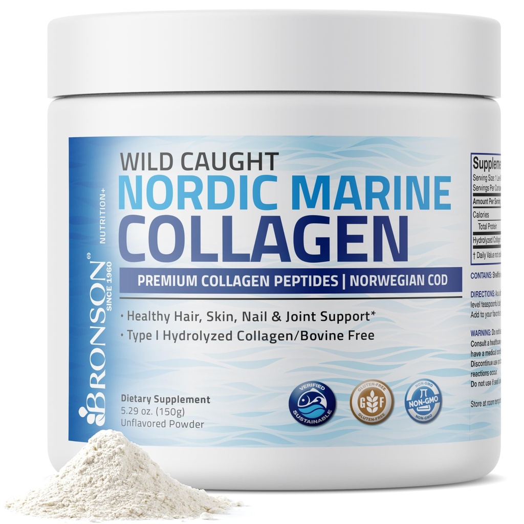 Bronson Marine Collagen Peptides Hydrolyzed Protein Powder 100% Wild Caught Nordic Cod Varmennettu kestävä lähde niveliä ihon hiukset kynnet & Bones 150g (5.29oz)