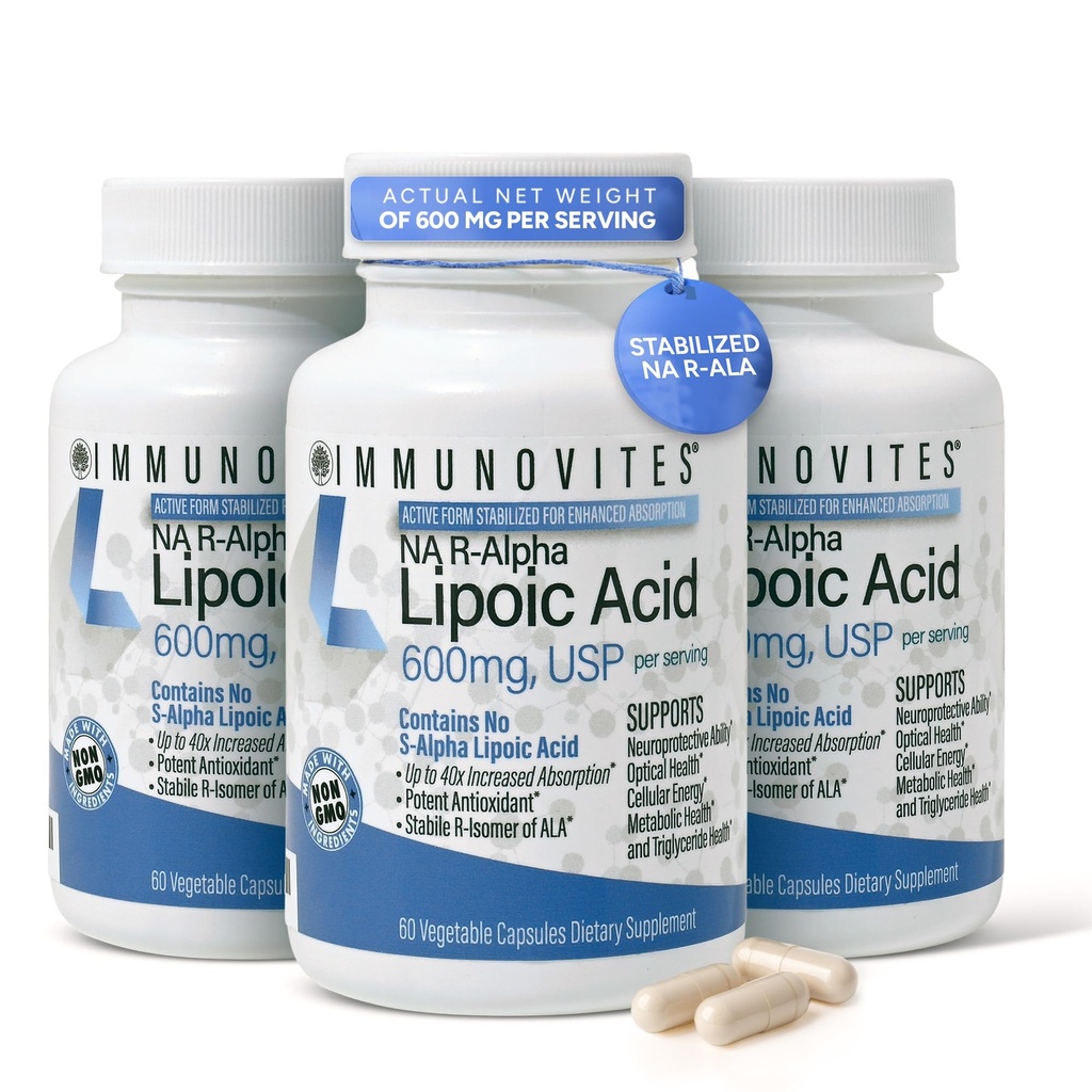 IMMUNOVITES 3-pack Stabilized R-Alpha Lipoic Acid ((True)) 600 mg per Serving [[High Potency & max 40x Lisääntynyt absorptio] (Na R-ALA) (Na R-LA) (Na R- Lipoate) (3 pulloa)