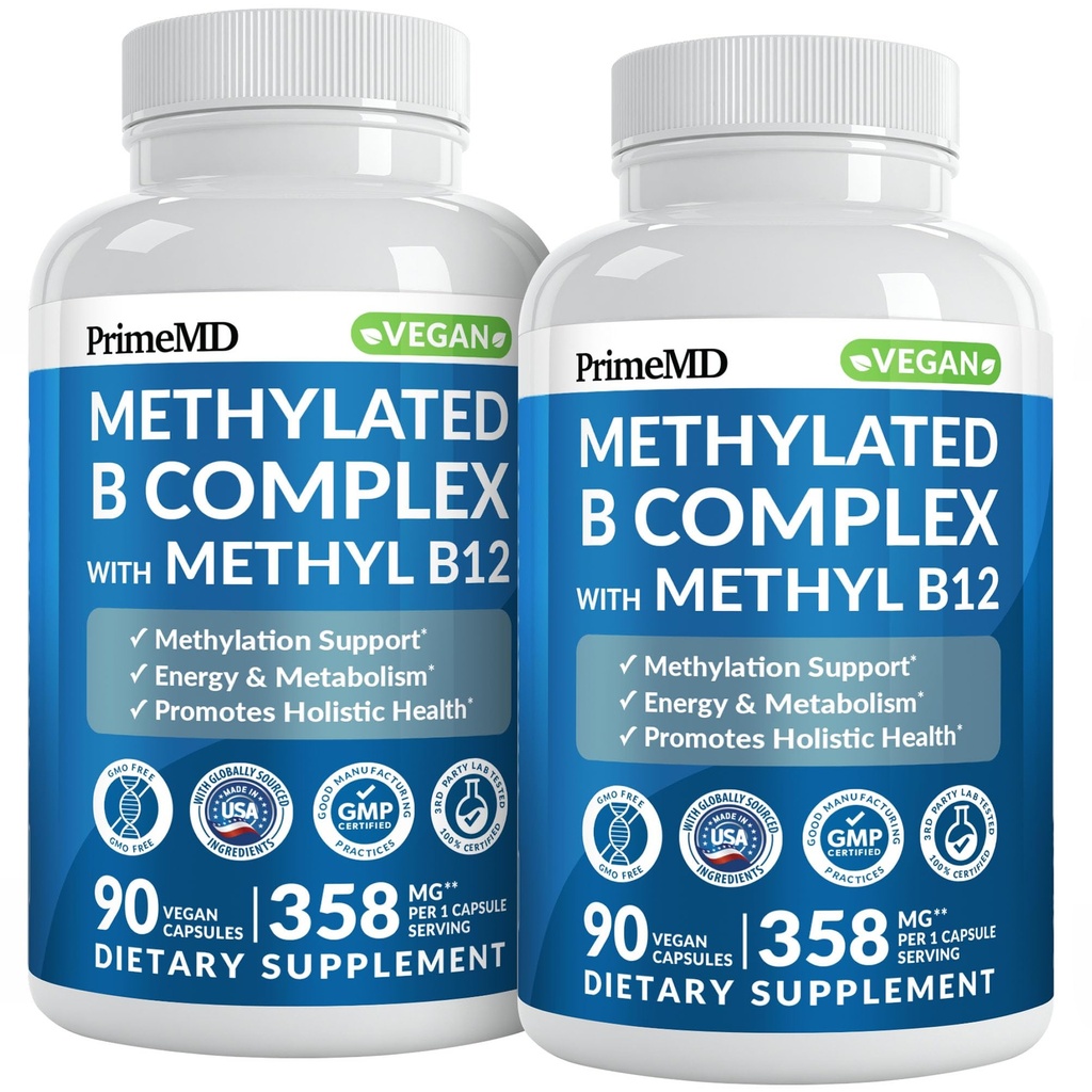 Methylated B Complex with Methylfolate and B12 Methylcobalamin 1000 mcg - Methylated Multivitamiini for Energy, Brain Function, and Wellness - B-vitamiini Complex for Men & Women (180 Servings, Pack of 2)