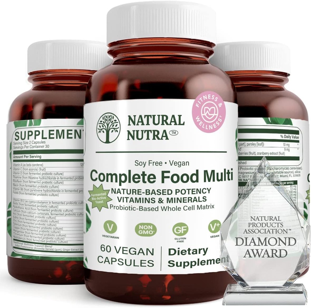 Natural Nutra Whole Food Complete Multivitamin och mineral för kvinnor och män, energibooster, hjälper till att upprätthålla benhälsotillskott, förbättrar hjärnfunktion och hud, hjälper till att förbättra immunitet 60 kapslar
