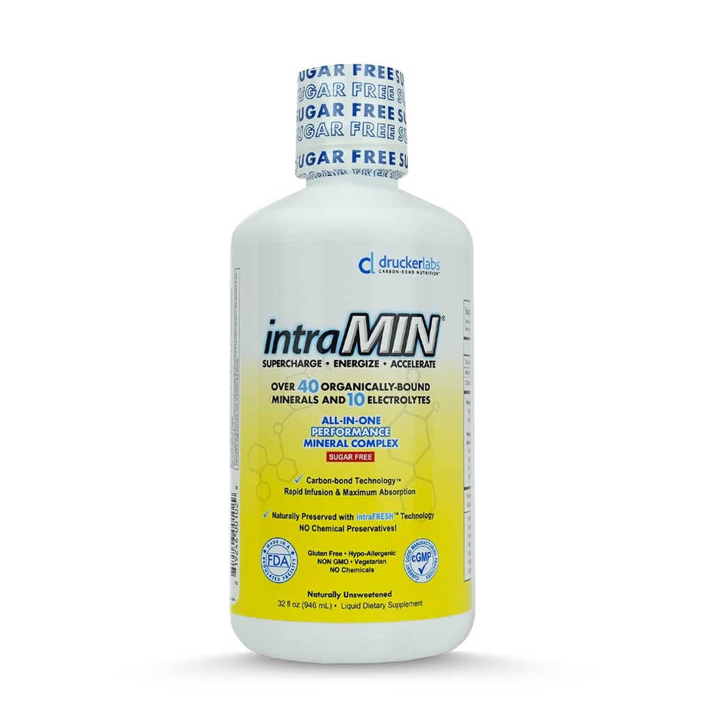 Drucker Labs - intraMIN Organic Liquid Minerals Supplement for Miehet, Naiset, Lapset, Immuuni ja lihasten tuki, Non GMO, Gluteeniton, Vegan, Elektrolyytit, Sokeriton (32 oz., Ei maustettu)