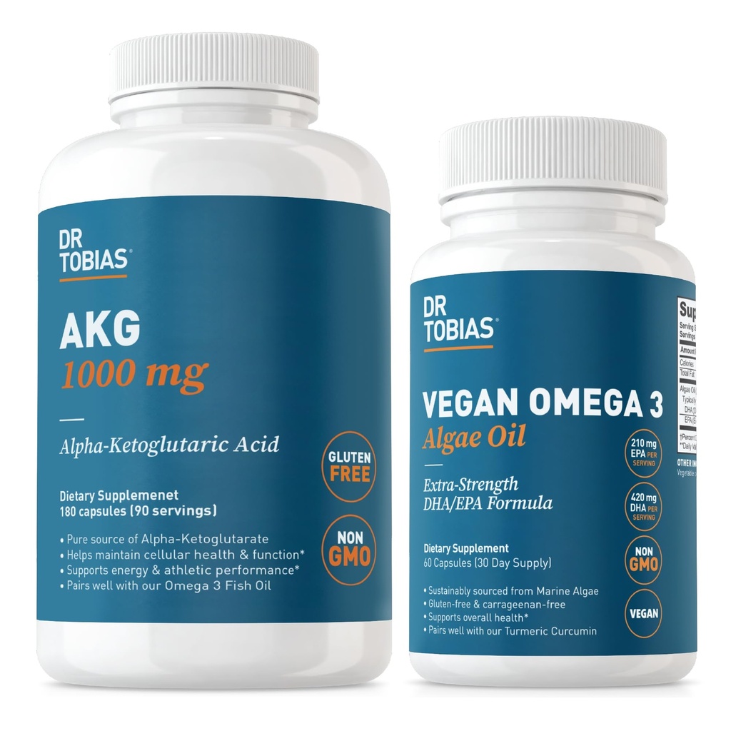 Tobias AKG Supplement & Vegan Omega 3 Algae Oil, Support Cellular Energy & Overall Health with AKG, EPA & DHA, Vegan, Gluteeniton, ei GMO:ita