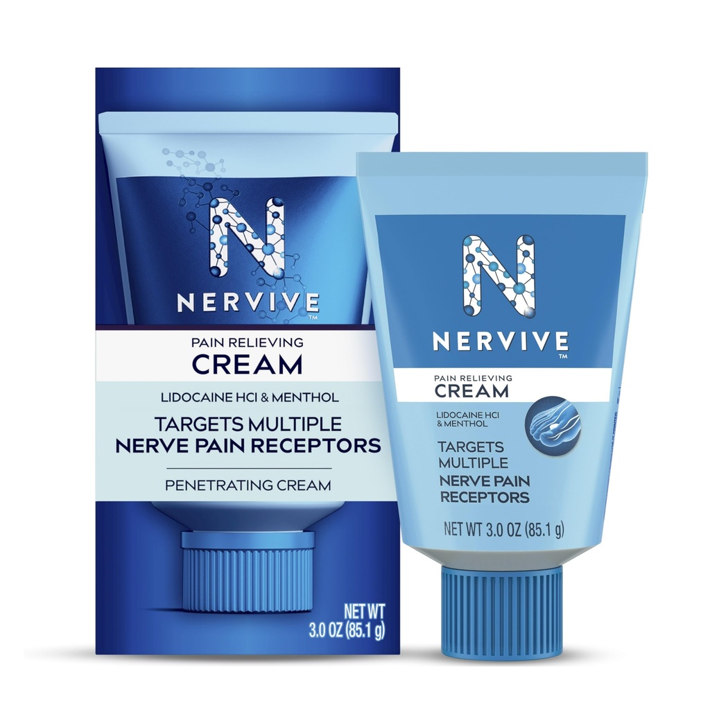 Nervive Pain Relieving Cream, Max Strength Non-Greasy Topical Pain Reliever Lidokaiinilla ja Mentol varpaille, jalat, sormet, kädet, jalat ja kädet, 3.0oz