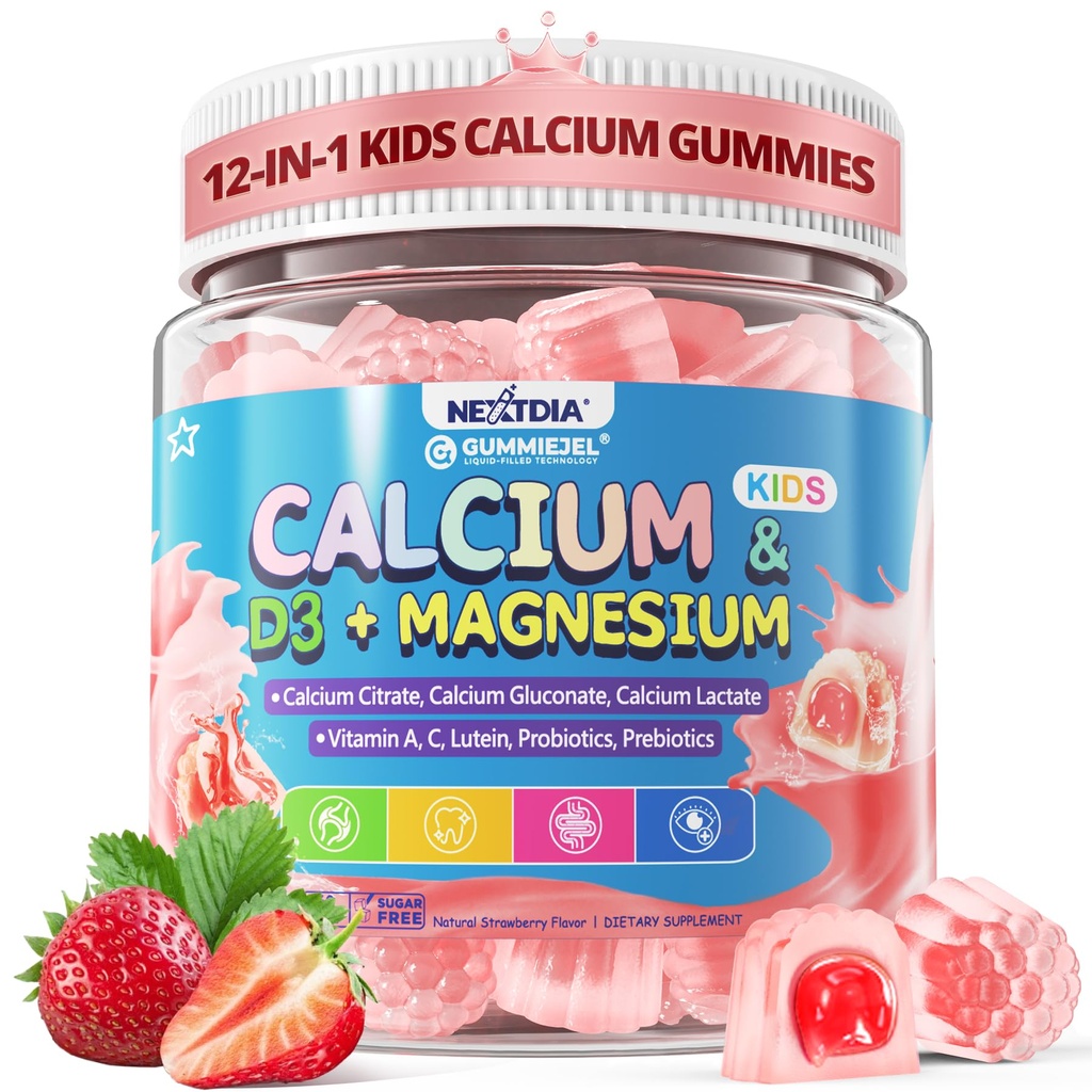 Lapset Kalsium Gummies + D3 & Magnesium 4+, kalsiumsitraatin kalsiumglukonaatti, kalsiumlaktaatti, probiootit ja prebiootit lasten luun terveys, muscle tuki, Ruoansulatuskanavan terveys, sokeriton 60Ct