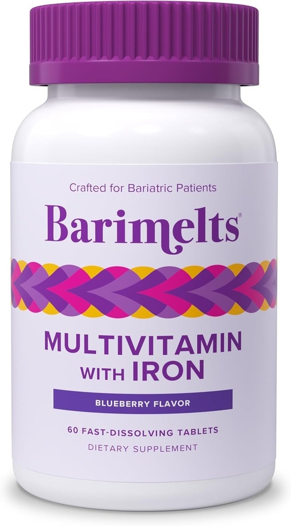 BariMelts Bariatric Multivitamiinia rauta - 1 kuukauden tarjonta (60 nopeasti liukenevat tabletit) - Sokeriton - Post-Op Bariatric Vitamiinit - Luonnollinen mustikka maku