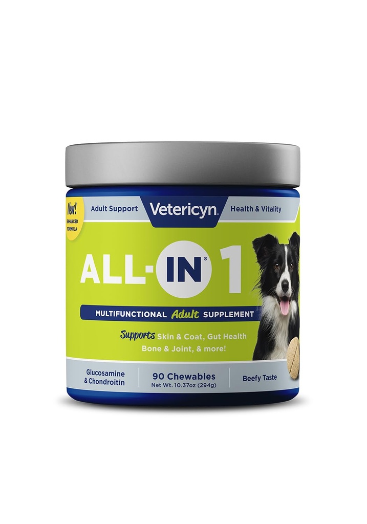 Vetericyn All-in 1 Monitoiminen koira täydentää ... Ruoansulatuskanavan Entsyymit + Glukosamiini ja kondroitin luu- ja niveltuki + vitamiinit, antioksidantit, prebiootit, probiootit ja omegat. 90
