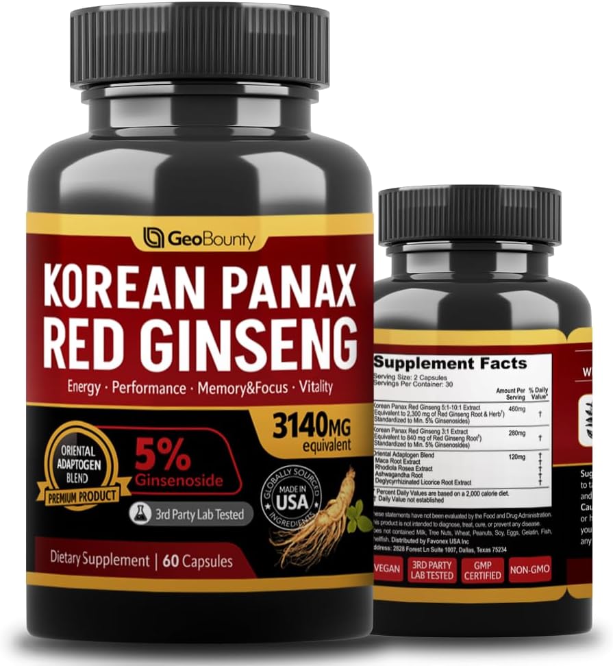 Koreanska Panax Red Ginseng, Red Ginseng Supplements Premium 3140mg (Ginsenoside 5%) Korean Red Ginseng Intensive 60 Capsules (Maca Root) Made in USA