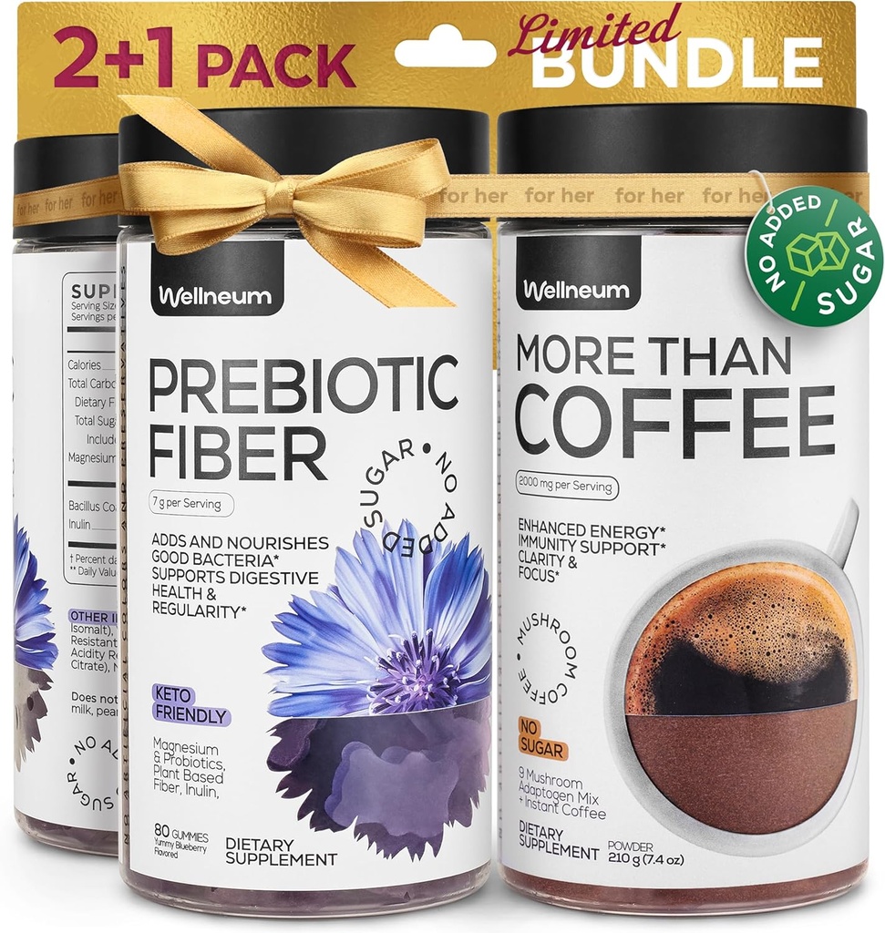 Mushroom Coffee och High Prebiotic Fiber Gummies Bundle - 9 Mushroom Adaptogen Mix, Dietary Fiber 7G, Probiotic - Instant Mushroom Coffee och Fiber Chews för immunitet, Gut Health - för män och kvinnor