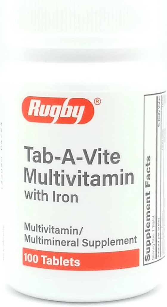 Rugby Laboratories Tab-A-Vite Multivitamiini, jossa on Iron Multimineral Supplement A-, C-, D Thiamin Riboflaviini Niacin Folaatti Pantotenic Acid 100 tablettia (paketti 1