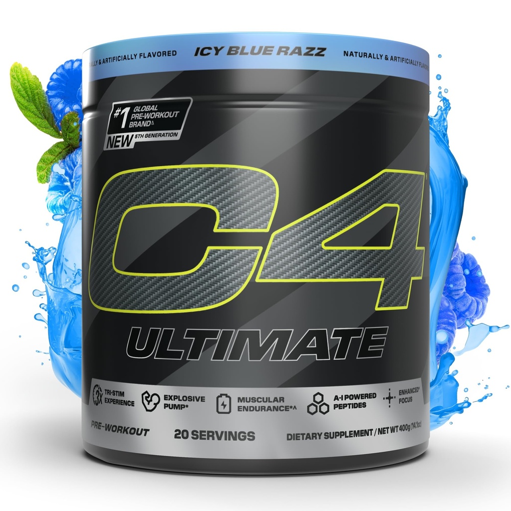 Cellucor C4 Ultimate Pre Treenout Powder - Sokeriton Esitreenaus energia täydentää miehille ja naisille - 300 mg kofeiini + TeaCrine + Dynamine + Creatiini - ICY Blue Razz, 20 tarjoilua