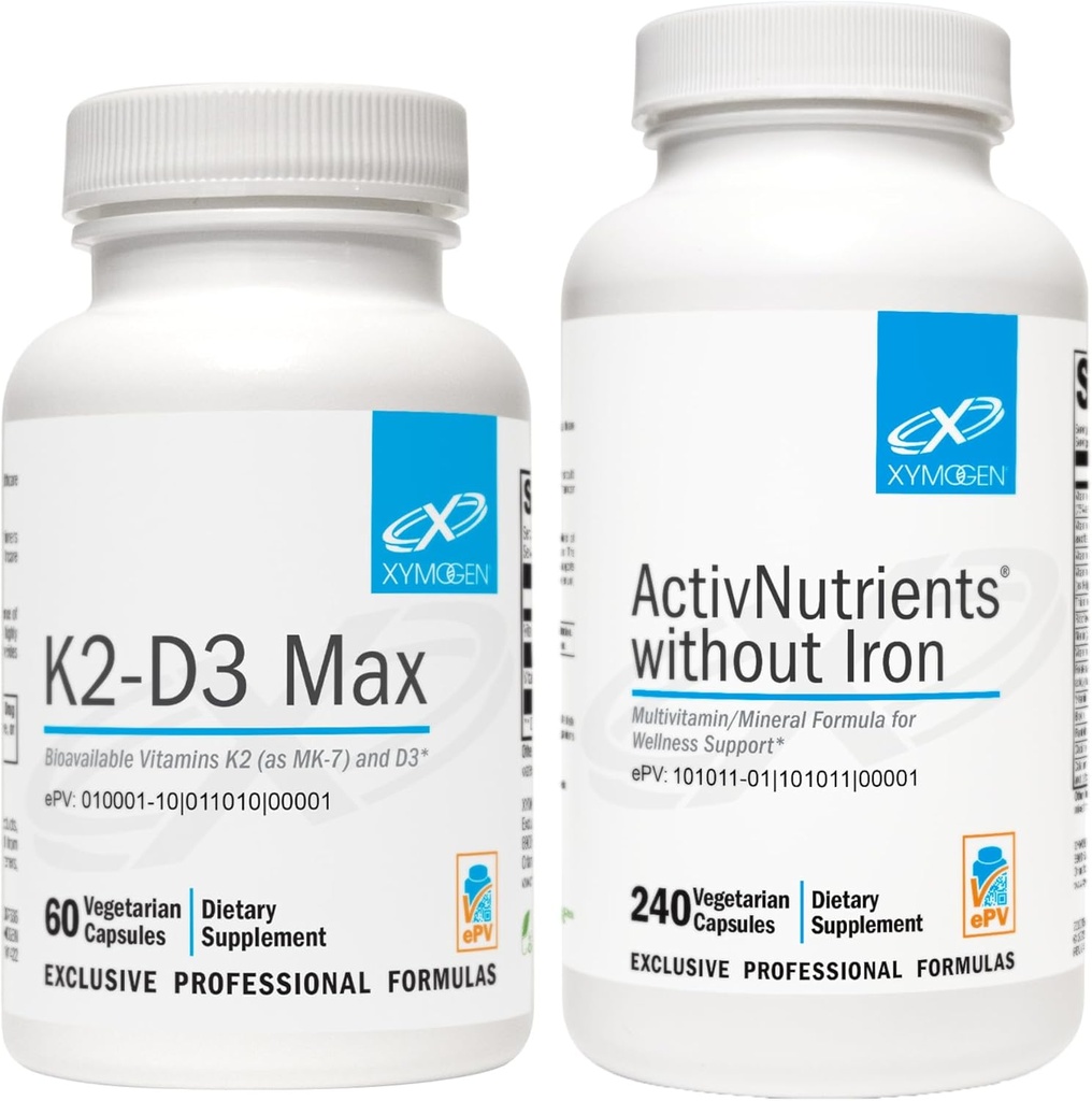 XYMOGEN ActivNutrientit ilman rautaa (240 kapselia) + K2-D3 Max (60 kapselia) - Monivitamiini energia- ja mielialatuki D-vitamiini 5000 IU kapselit + K2-vitamiini