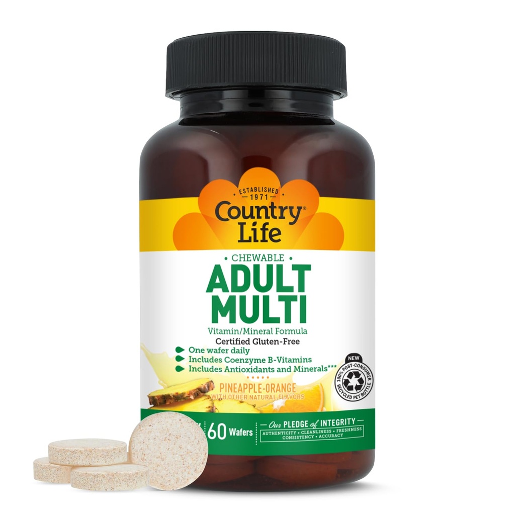 Country Life Adult Chewable Multivitamin med Coenzyme B-Vitaminer, antioxidanter, mineraler, ananas-orange smak - Stöder energimetabolism och immunhälsa, glutenfri - 60 Wafers