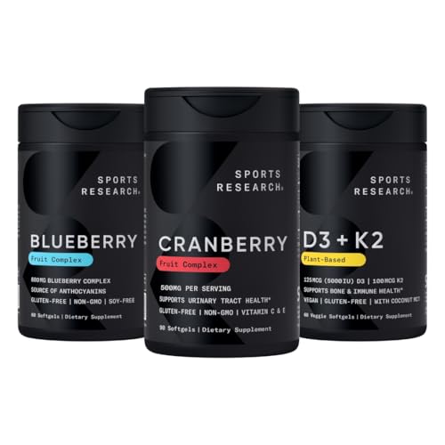 Sports Research Cranberry Fruit Complex Supplement med Pacran & Vitamins C & E, Whole Fruit Blueberry Concentrate tillverkad av organiska blåbär och växtbaserad vitamin D3 + K2 med kokosolja