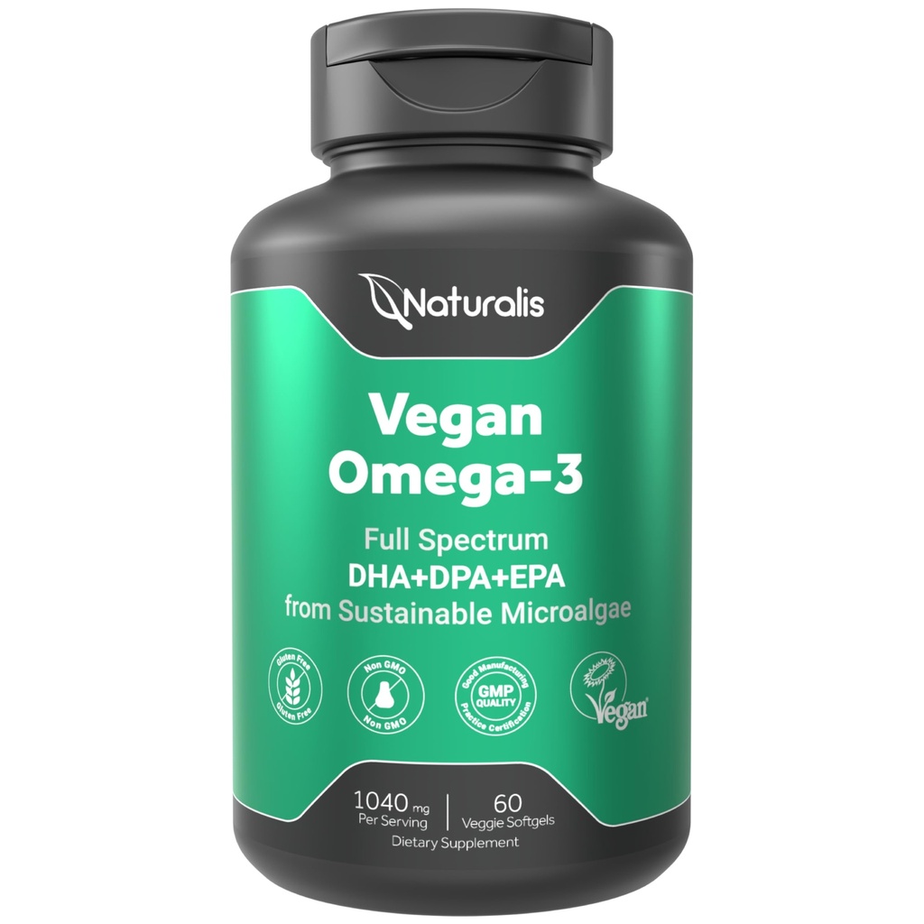 Naturalis Vegan Omega 3 DHA, EPA & DPA från Algae | Vegan Society Certified, Sustainably Sourced, True Full Spectrum | 60 Veggie Softgels (Carrageenan Free)