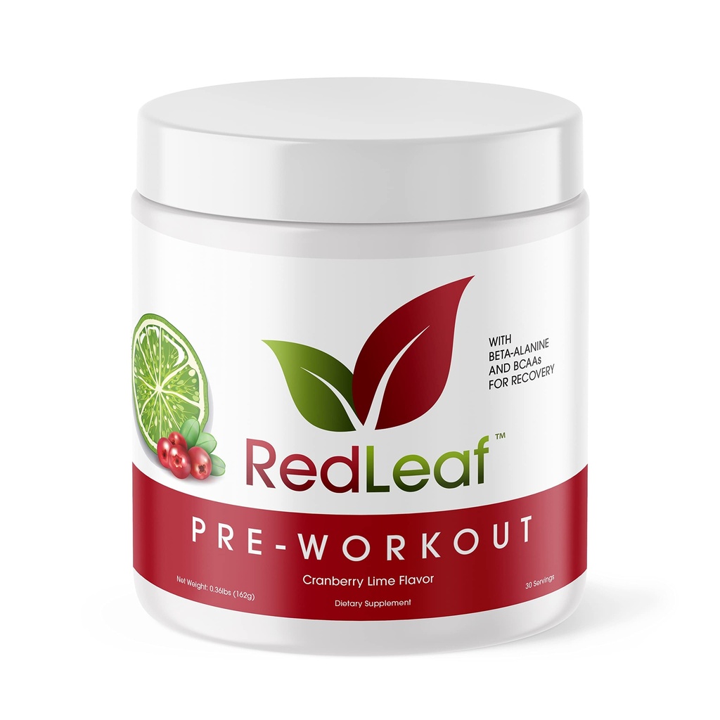 Red Leaf Pre workout Energizer Powder, BCAA: n, Beta-Alanine, Aminohappoja ja vihreää teetä Immuuneja tukea ja esitreenata energiaa, Natural Cranberry Lime Flavor - 30 Tarjoilut