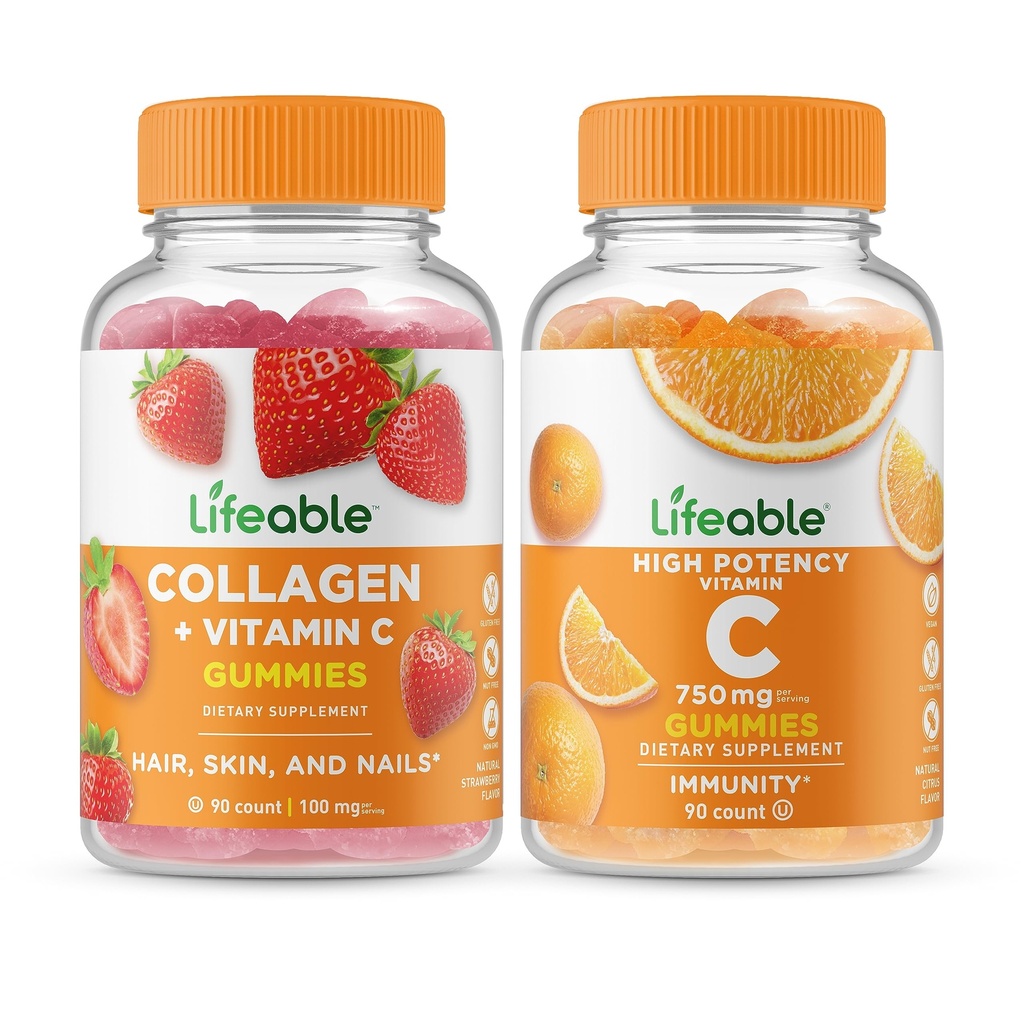 Elinkelpoinen kollageeni & C-vitamiini + C 750 mg, Gummies Bundle - suuri kastike, vitamiini täydentää, gluteeniton, GMO-vapaa, purukumi