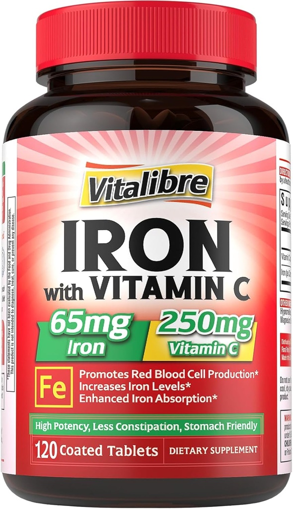 Iron Supplement 65 mg kanssa C-vitamiinia, vatsan ystävällinen carbonyl rauta, korkea teho ja imeytyminen, terveen rauta- ja energiatasot, tukee punasolujen tuotanto, 120 tablettia