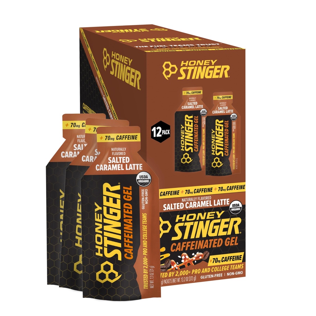 Honey Stinger Organic Suolattu Caramel Energy Gel, kofeinoitu & Gluteeniton, kuntoiluun, juoksemiseen ja suorituskykyyn, urheiluravintola koti &amp; kuntosali, Pre and Mid Treeni, 12 Pack, 13.2