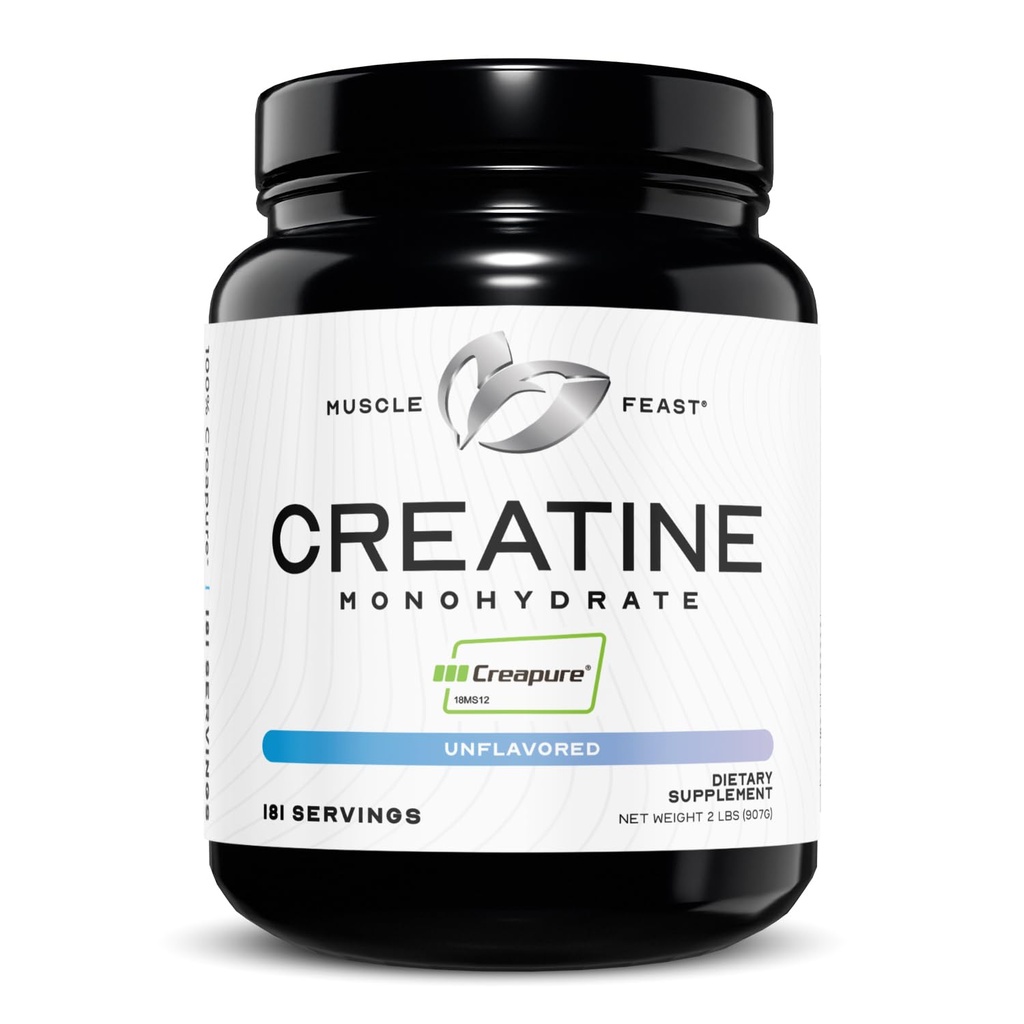 Muscle Feast Creapure Creatine Monohydrate Powder, Vegan Keto Friendly Gluten-Free, Mass Gainer, Muscle Recovery Supplement och Trusted Creatine för muskeltillväxt, Kreatinpulver, Osmakad, 2lb
