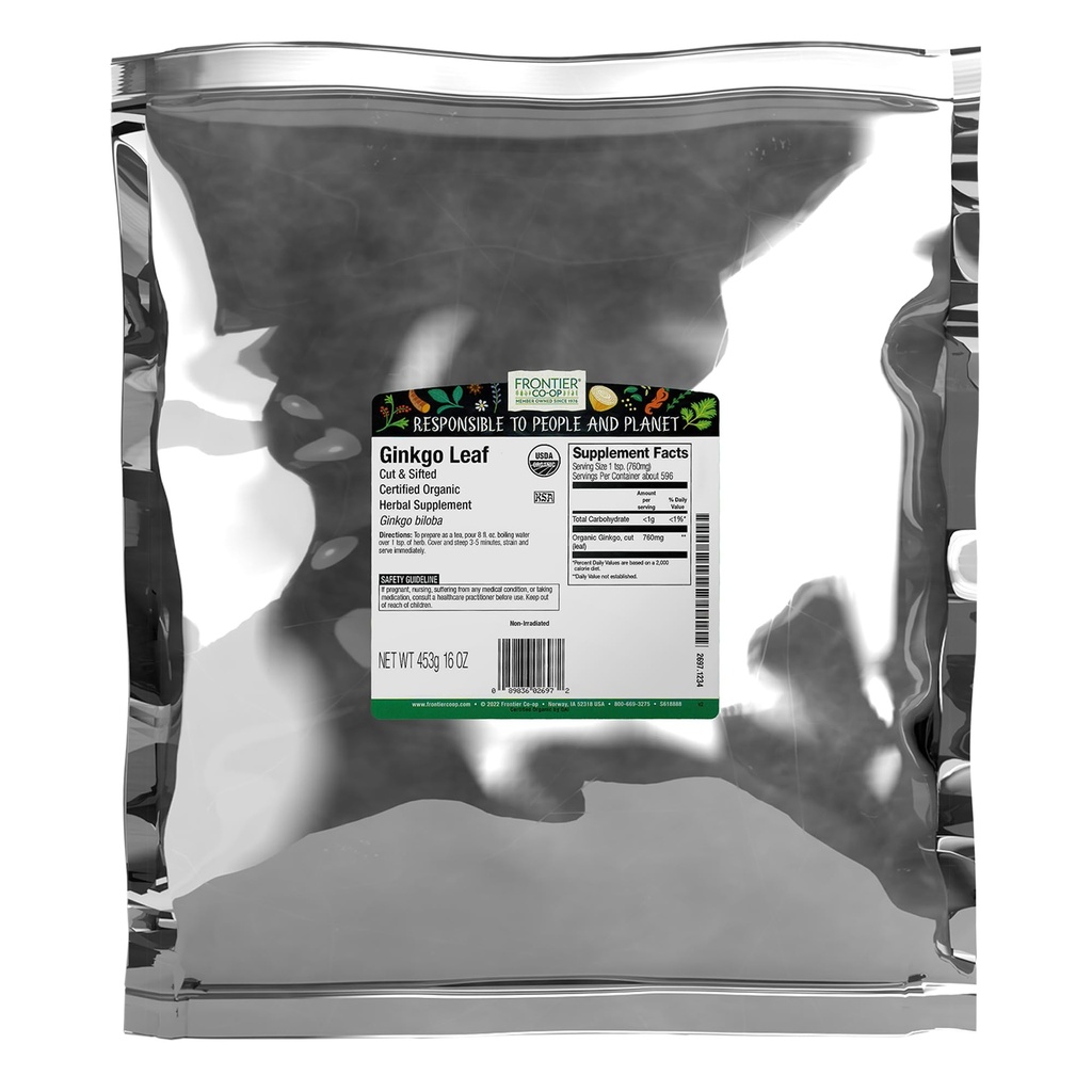 Frontier Co-op Organic Ginkgo Leaf, 1lb Bulk Bag, Leikkaa ja siivutettu ... Kuivattu Ginkgo Biloba Leaf ... Ihanteellinen teelle ja kasviperäisille käyttökohteille, Kosher