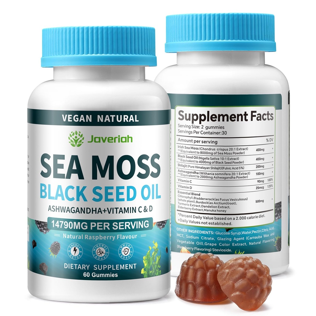 Vegan Ashwagandha Sea Moss Gummies - Black Seed Oil, Vitamin C & D för Immune Support, Digestive, Antioxidant 13 i 1 Bundle, Sea Moss Chlorophyll Avancerad styrka Formel 2Pack 120 Gummies