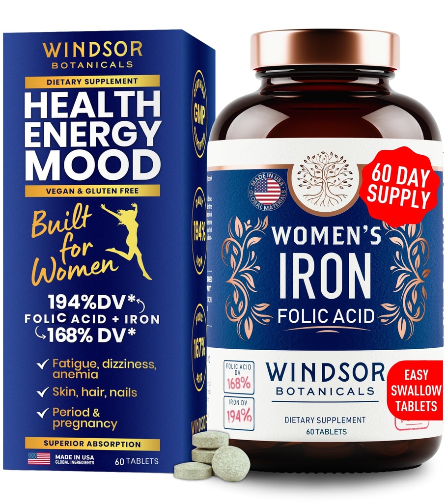 Rauta ja foolihappo täydentää naisille - 35 mg Hellävarainen rauta vitamiini, Foolihappo 400mcg - Anemia, Aika, Raskaus Support Supplement, Ferrous Sulfiaatti pillereitä - 60 Vegan ei-kosteuttavat tabletit