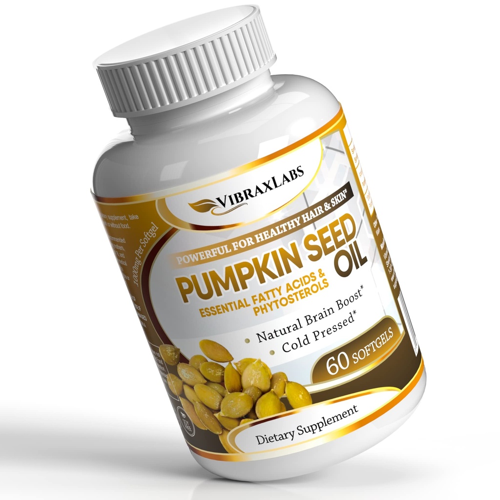 vibraxlabs Pumpkin Seed Oil - 100% Cold Pressed Pure 1000mg uuttaminen - Paras hiusten kasvua, Nuorempi näköinen iho ja kasvot, rakko Control Supplement, 60 Softgels