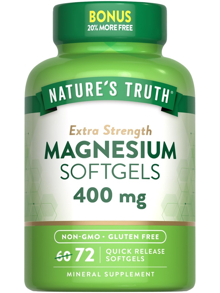Nature's Truth Magnesium . 400 mg... 72 Softgels... Arvon koko... Extra Strength... Magnesiumoksidista...