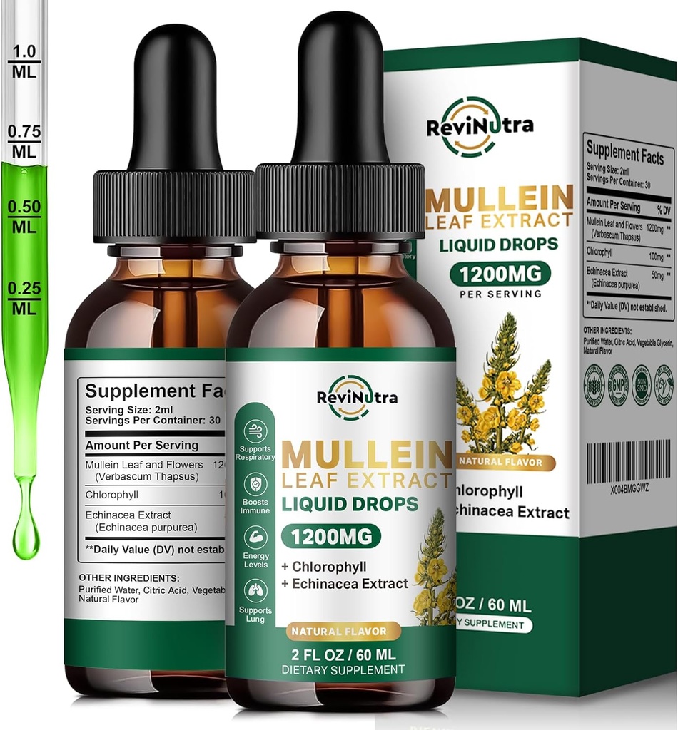 2 Pack Mullein Drops for Keuhkot, 1200 mg Mullein Leaf Extract Liquid Drops with klorofylli for Lung Cleanse & Detox, tuki hengitysteiden, immuuni, Ruoansulatuskanavan