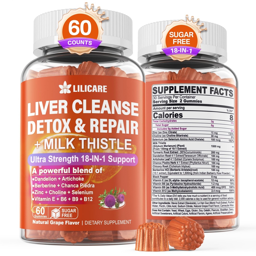 1Pack Milk Thyttle Liver Detox Gummies, 18-in-1 Liver Cleanse Detox & Republic with berberine, Chicory Root, Kurkuma, Artisokka, Voikukka juuri, Chanca Piedra, vitamiinit B6 B12 - Sokeriton
